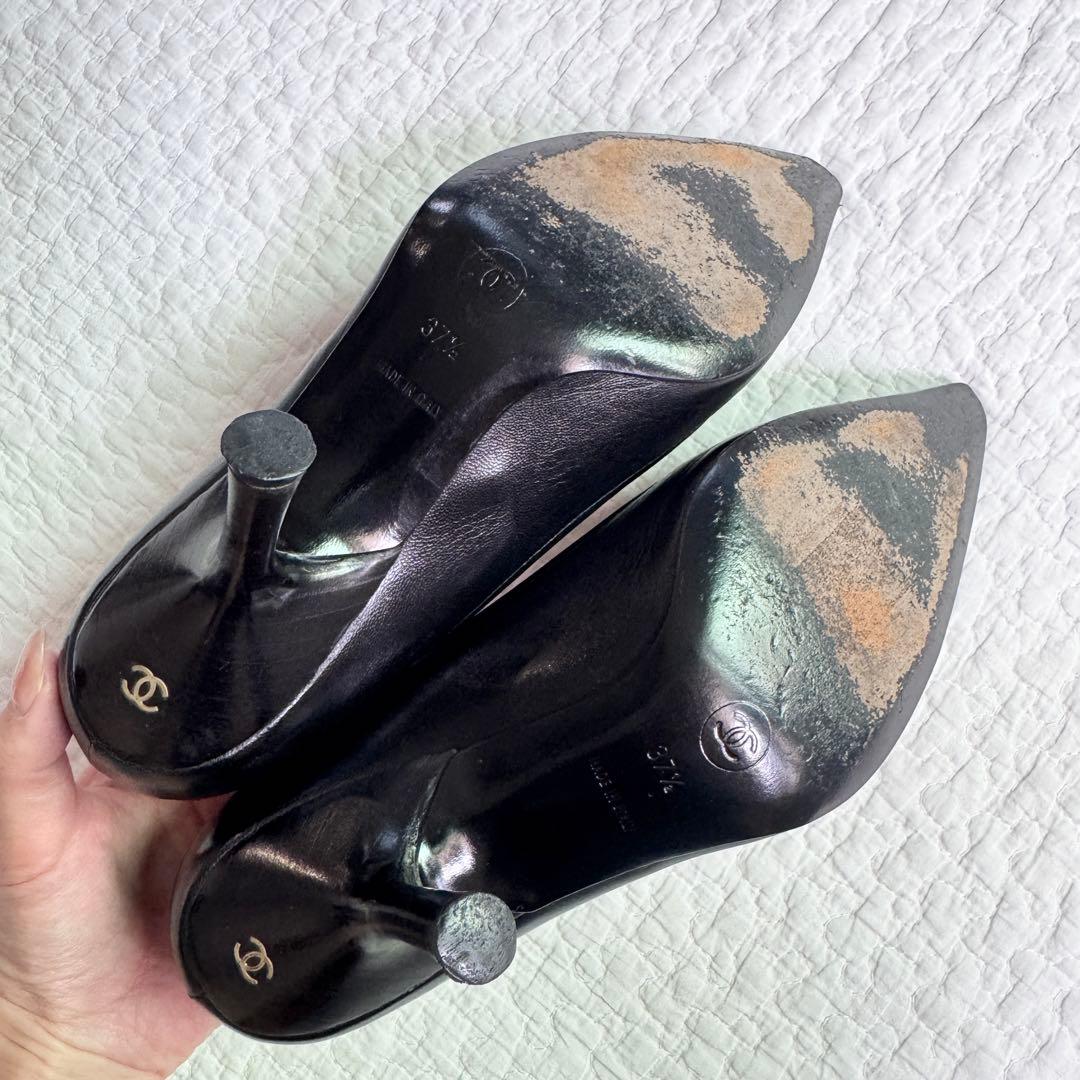 美品 CHANEL ココマーク ポインテッドトゥパンプス レザー リボン 黒