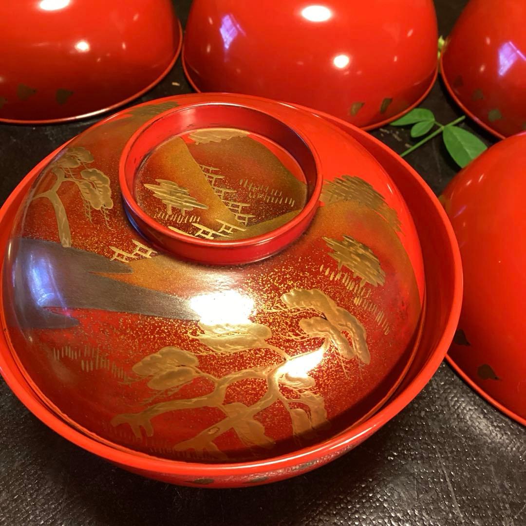 A902木製輪島塗　懐石道具　赤　古典風景蒔絵　　『塗師銘仁左衛門』　５客