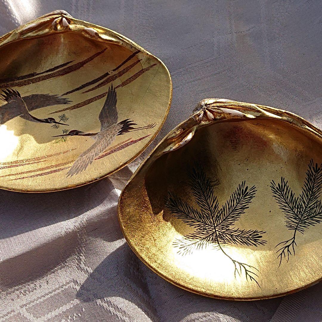 骨董 金箔工芸「貝合わせの香合」松鶴蒔絵