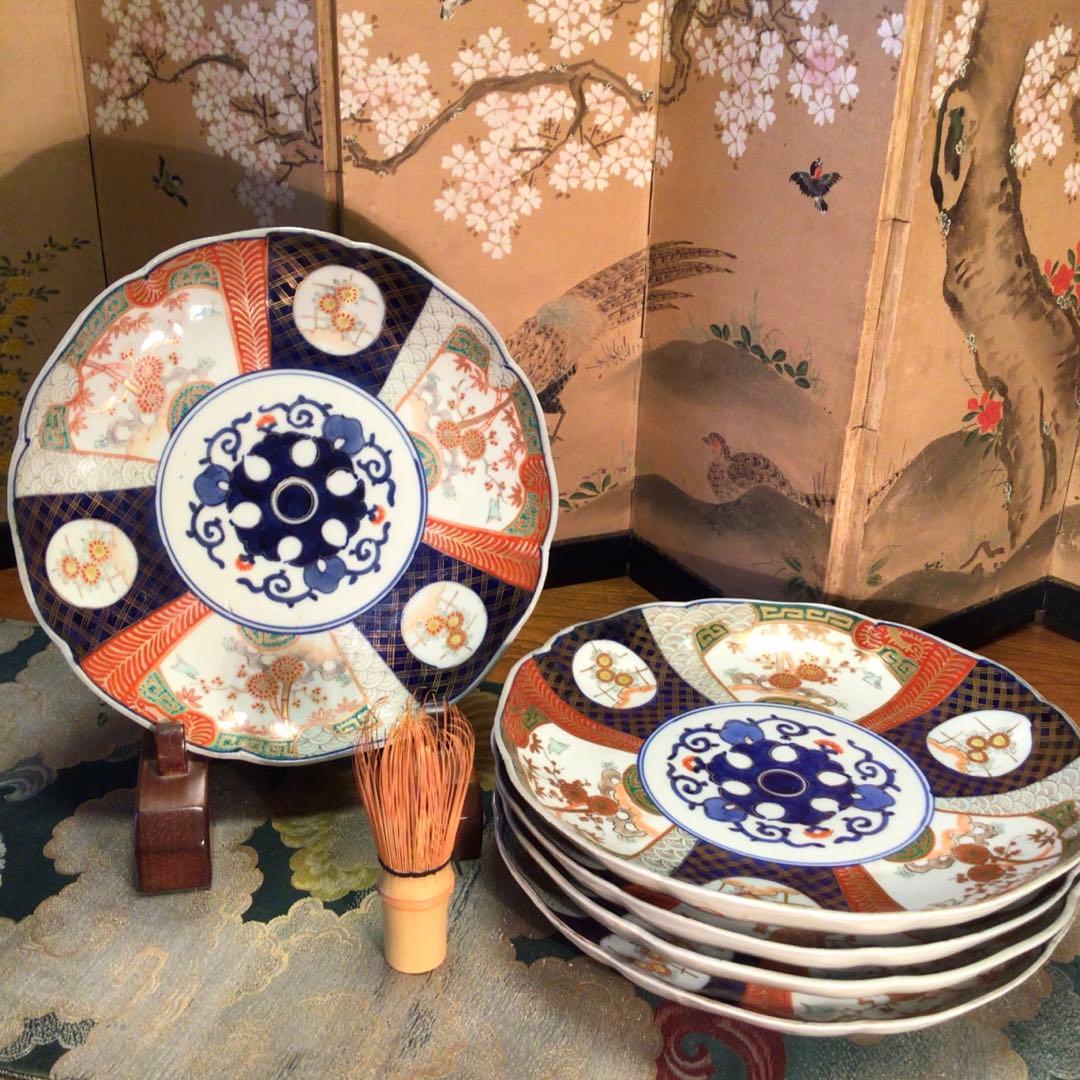 454古伊万里 染錦手 見込花唐草 窓絵花鳥紋様 8寸 5枚