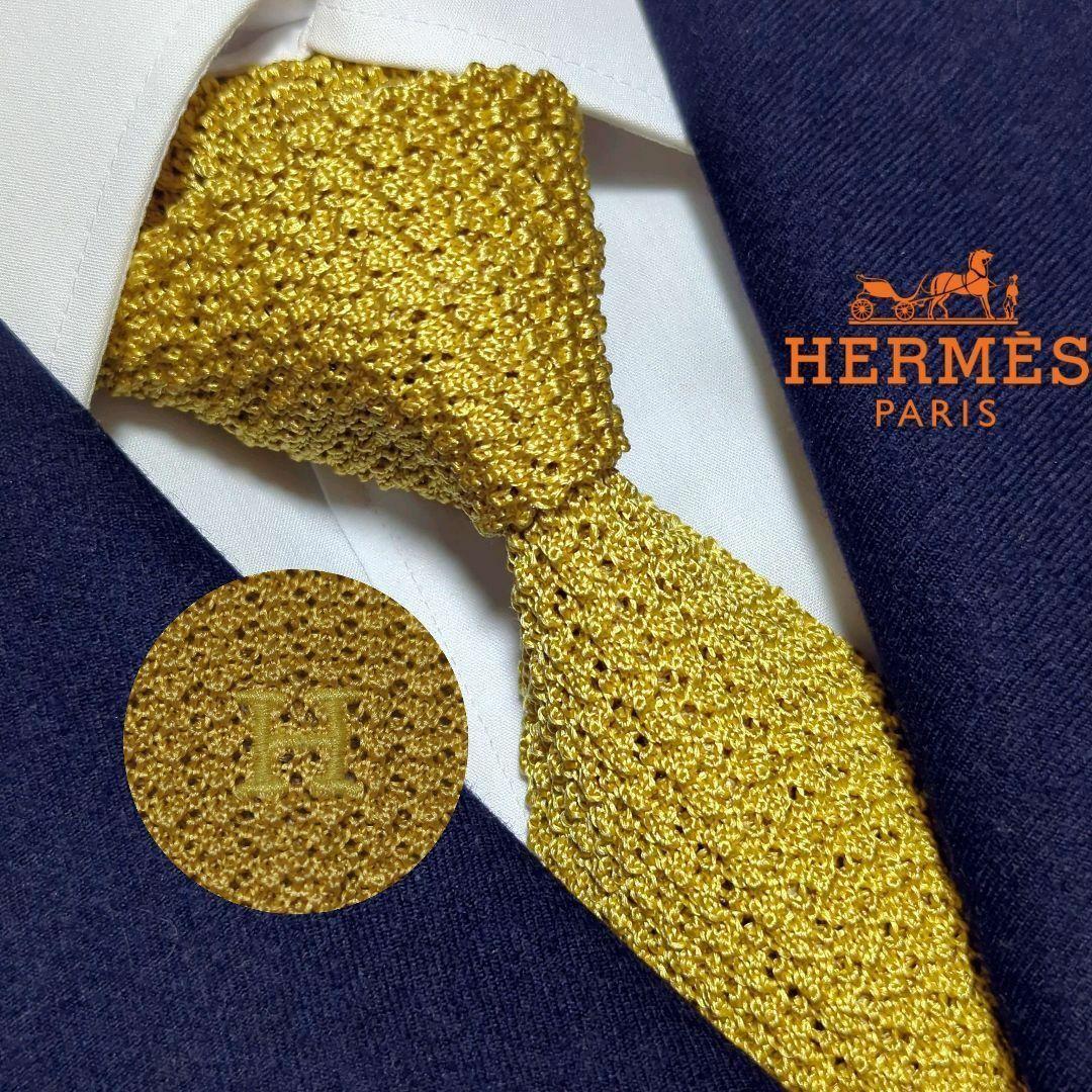 美品 エルメス ネクタイ ニットタイ 無地 ワンポイント Hロゴ ハイブランド