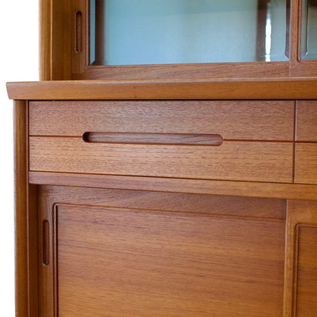 日田工芸 チーク材 食器棚 ガラスキャビネット 面取りガラス 引戸 80年代