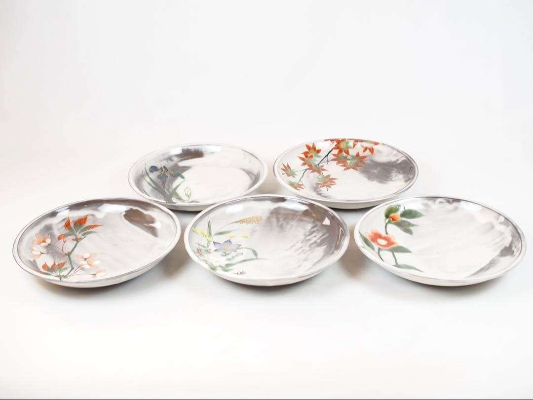 陶葊 陶あん 清水焼 京焼 大皿 8寸 24cm 5枚揃い 白掛五草花 共箱付き