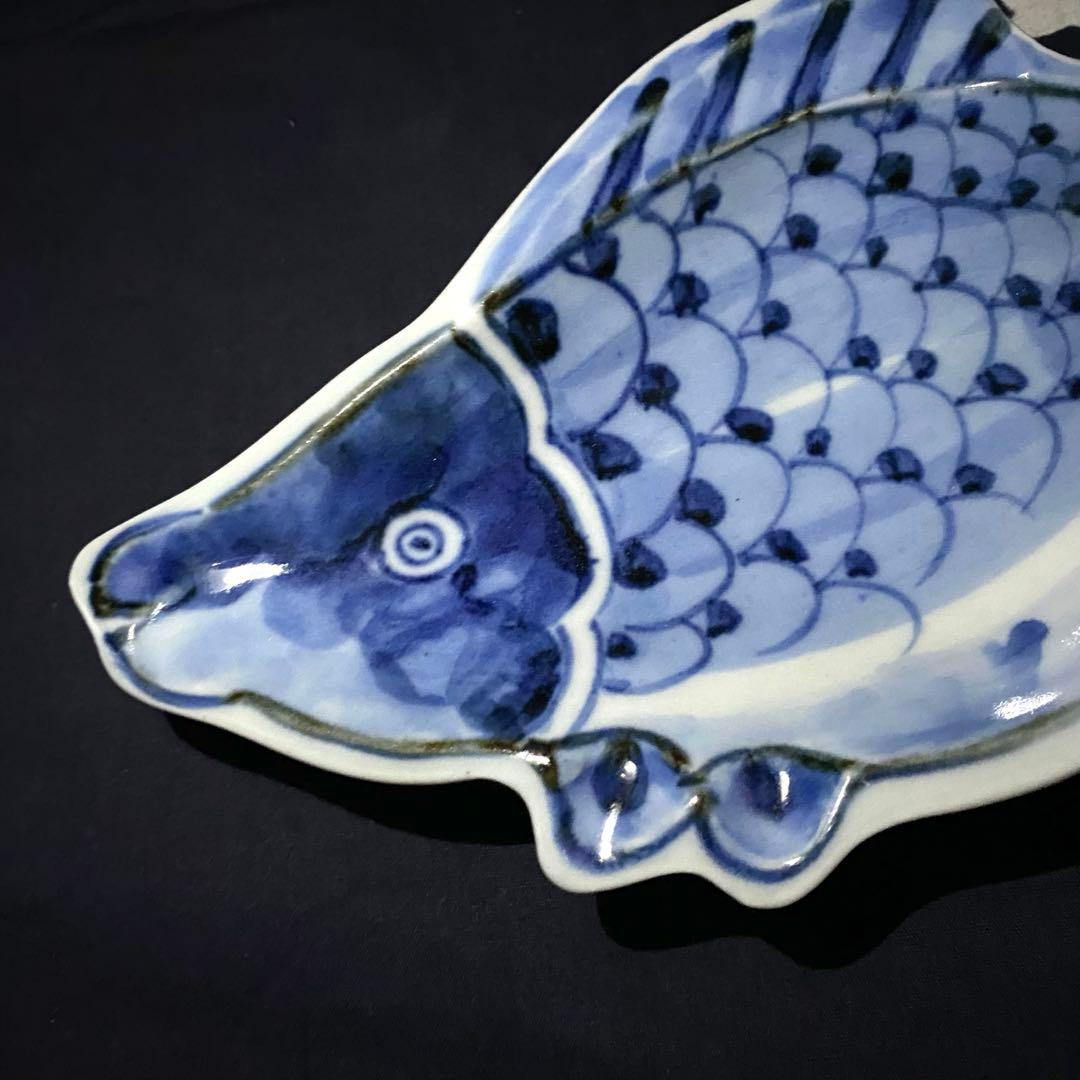 美濃焼　幸兵衛窯　中国明代写し古染付魚形向付　人間国宝　加藤卓男　五客組　共箱有