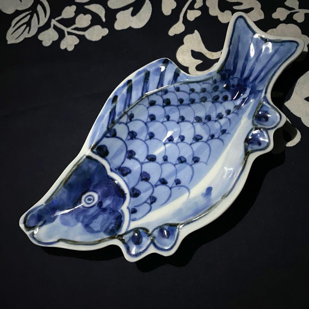 美濃焼　幸兵衛窯　中国明代写し古染付魚形向付　人間国宝　加藤卓男　五客組　共箱有