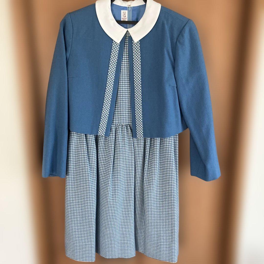 ファミリア　青と白のチェック柄ワンピースとジャケットセット　150