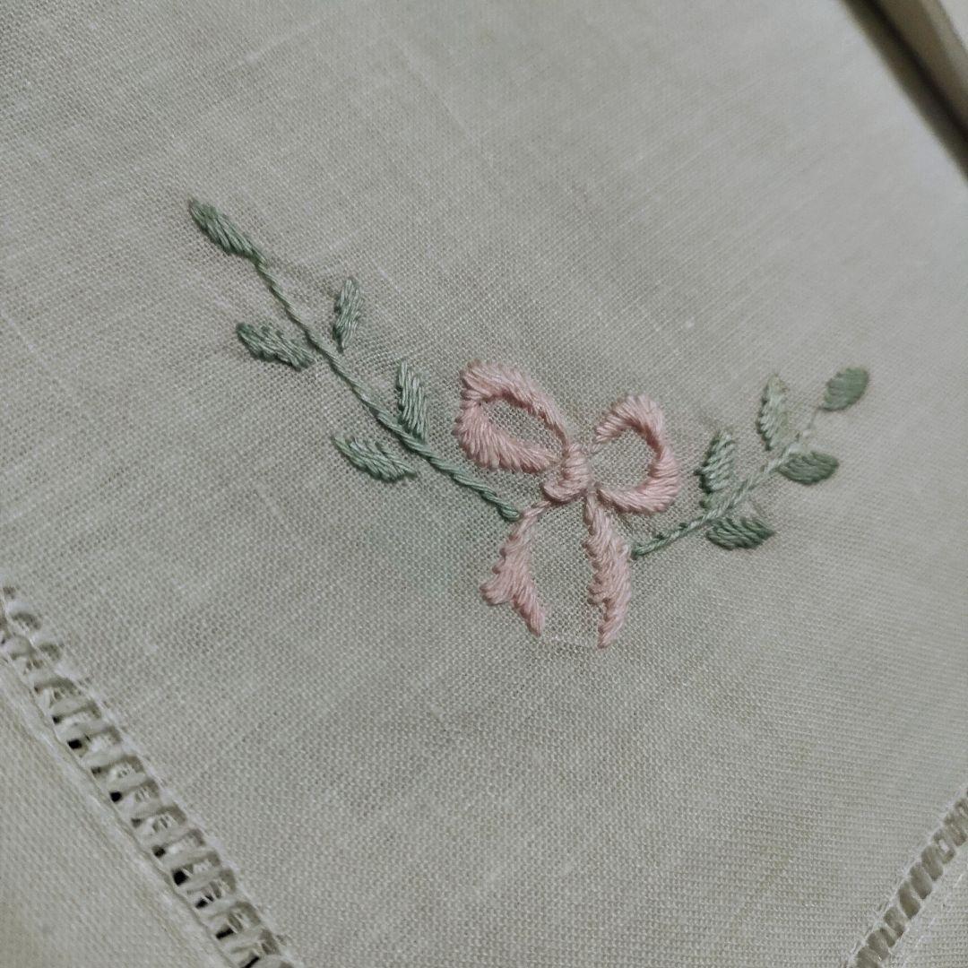 ♥新品 正方形 リネン キッチンクロス ランチクロス 刺繍 リボン 2枚セット