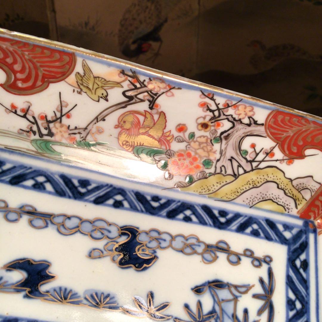 A549 古伊万里　上手　染錦手　おしどり牡丹　扇面に蝶紋様　隅切長皿　5枚