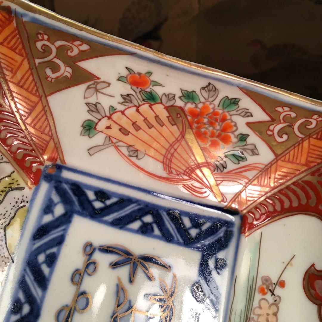 A549 古伊万里　上手　染錦手　おしどり牡丹　扇面に蝶紋様　隅切長皿　5枚