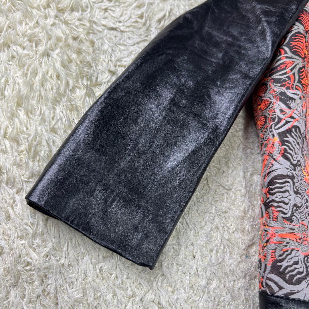 ヘルムートラング メダリオンジャカード ラムレザー 切替 ノーカラージャケット