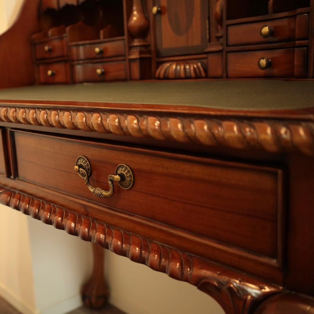 高級マホガニー家具 チッペンデール アンティークデスク 猫脚 書斎机 送料無料