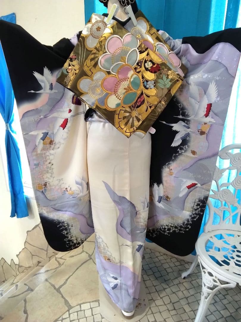 振袖フルセット、正絹古典柄成人式、重ね衿帯揚げ帯締め、西陣袋帯襦袢