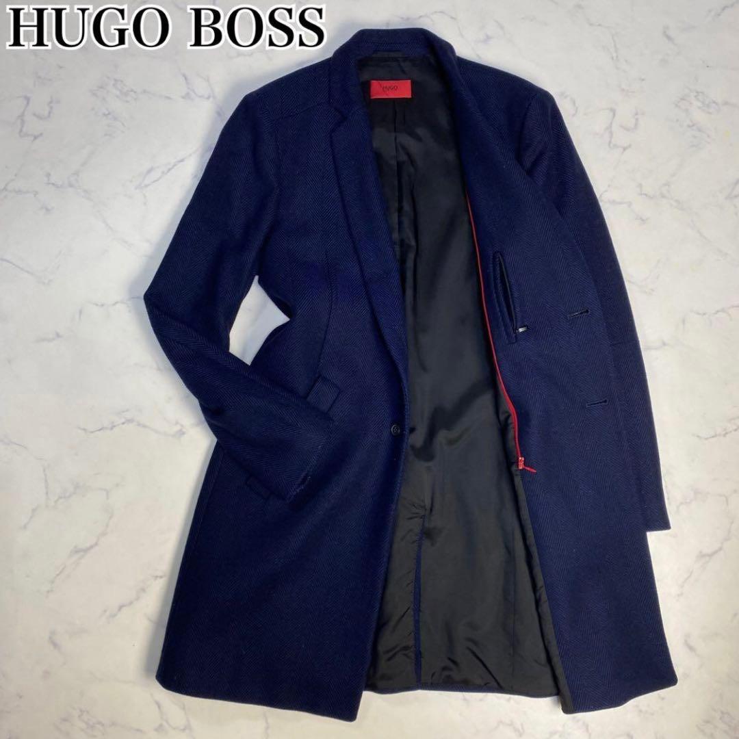 ❤️ヒューゴボス　チェスターコートL相当ヘリンボーン上品ネイビー定価約11万暖かい