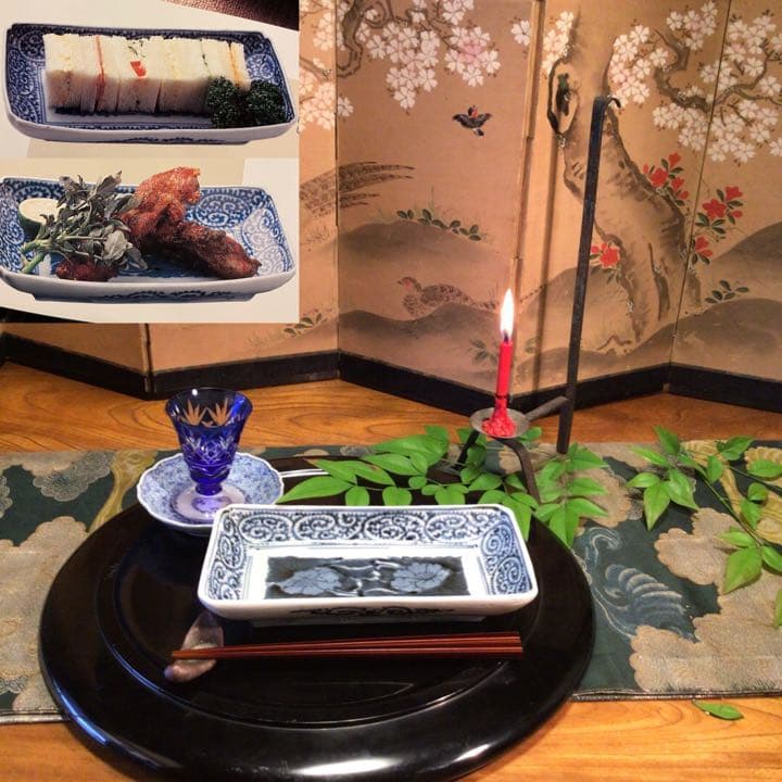 A583. 古伊万里　染付　見込牡丹　タコ唐草紋様　隅入長皿　2客