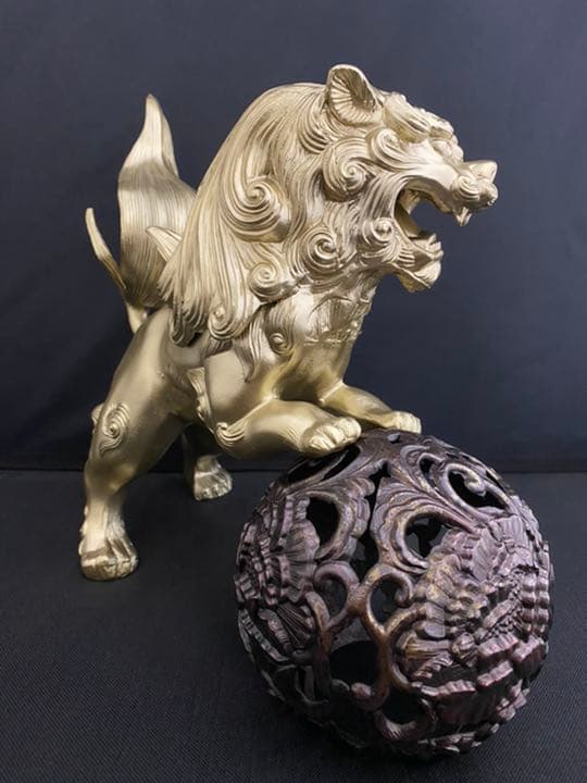 獅子 シーサー 玉 金属製 彫刻 置物 開運 風水 骨董 古美術 インテリア