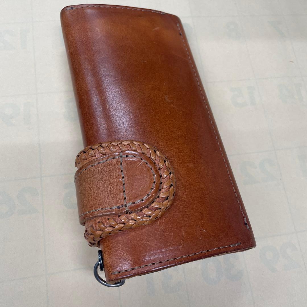 ALZUNI レザー三つ折り財布 ブラウン 編み込みデザイン
