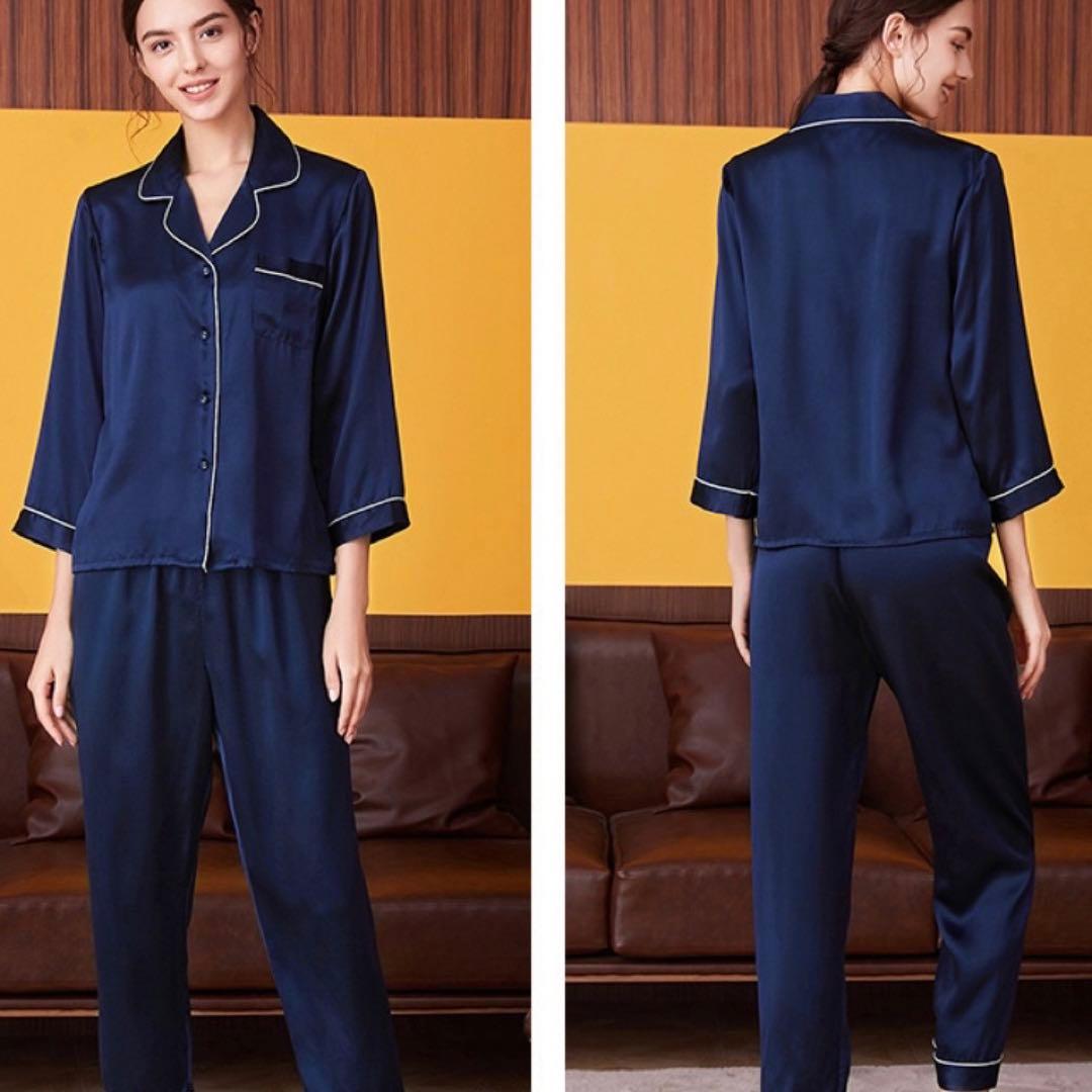 シルクパジャマ ネイビー&シャンパンピンク　絹100% XL 上下セット