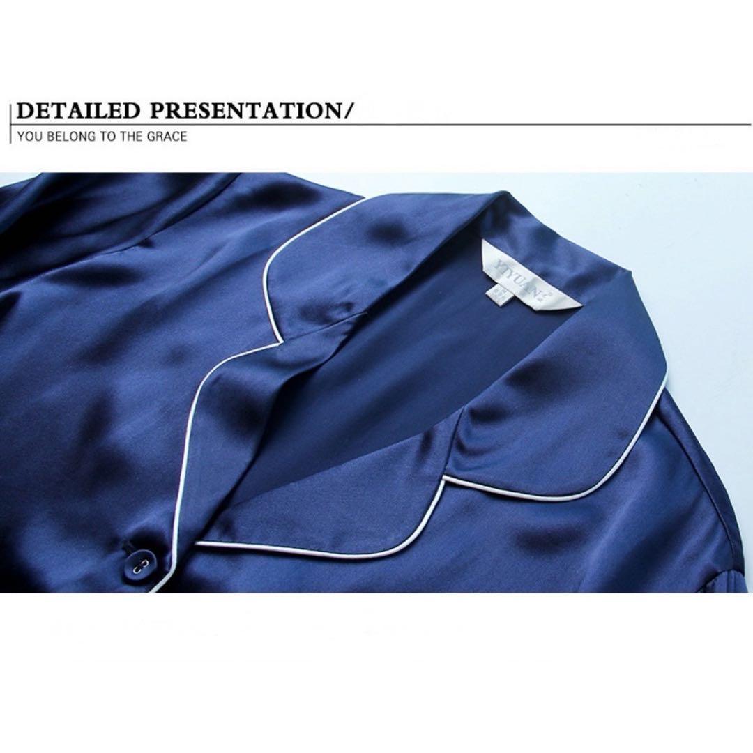 シルクパジャマ ネイビー&シャンパンピンク　絹100% XL 上下セット