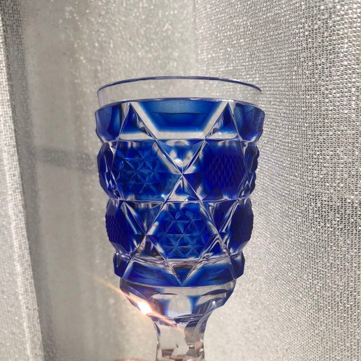 島津薩摩切子　脚付杯　cut65 藍