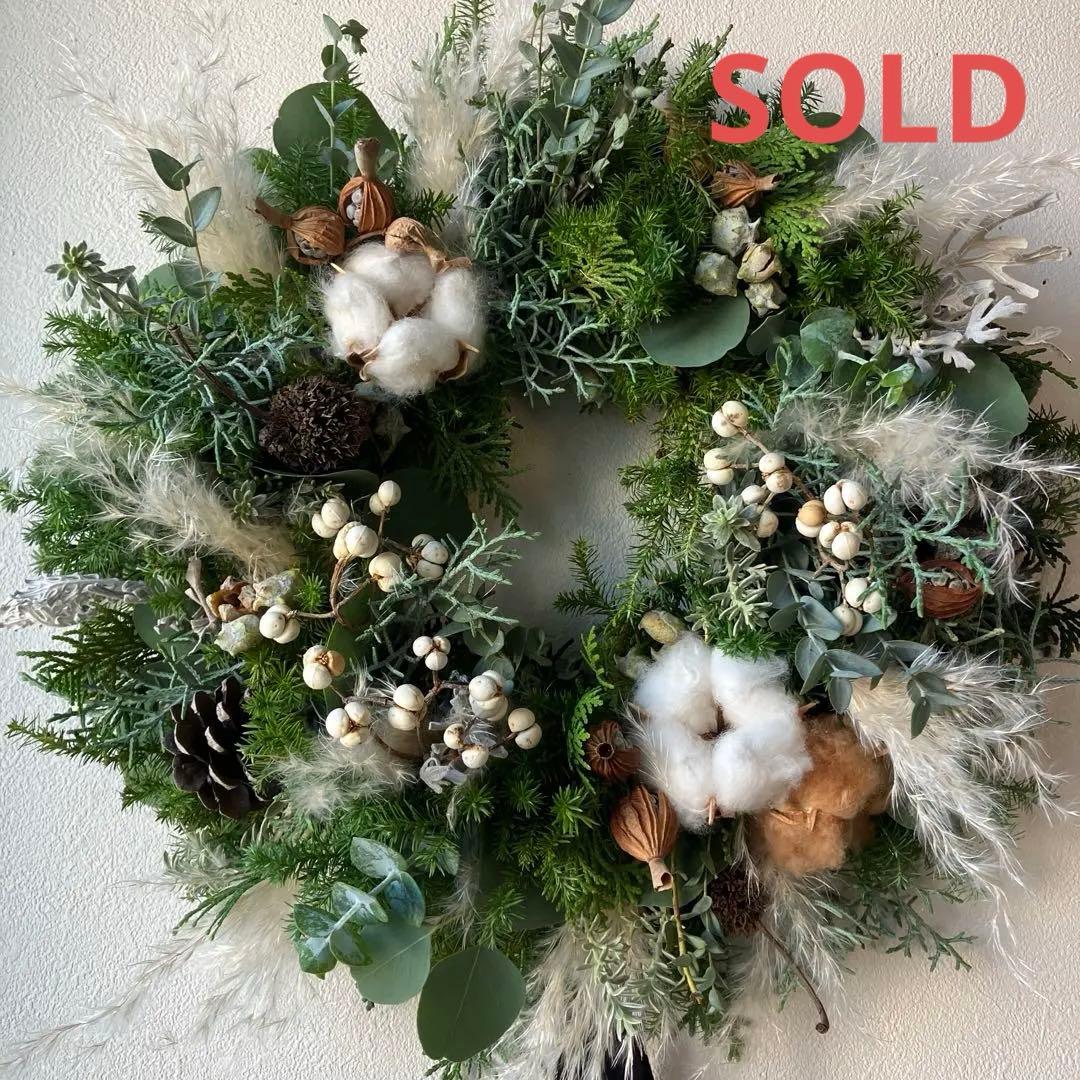 30㎝　雪降る森のクリスマスリース　コットン　フレッシュ針葉樹　ナンキンハゼ