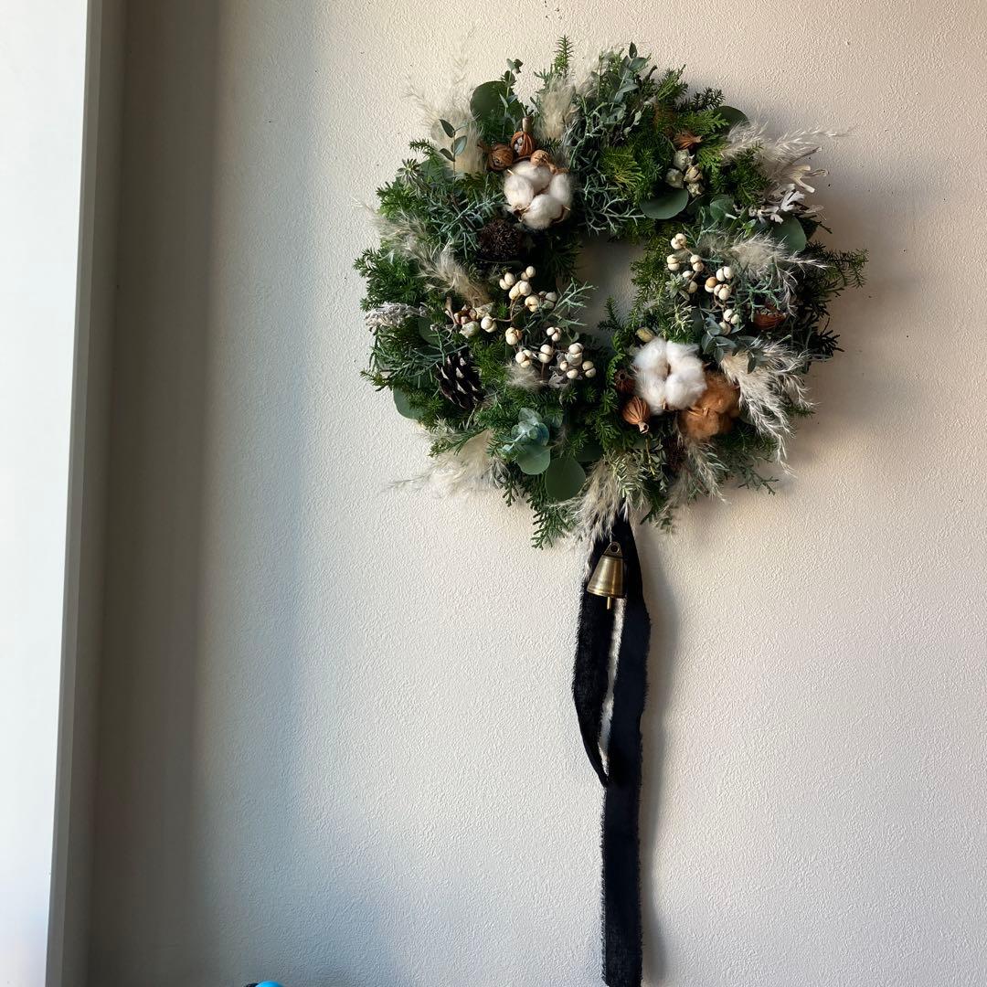 30㎝　雪降る森のクリスマスリース　コットン　フレッシュ針葉樹　ナンキンハゼ