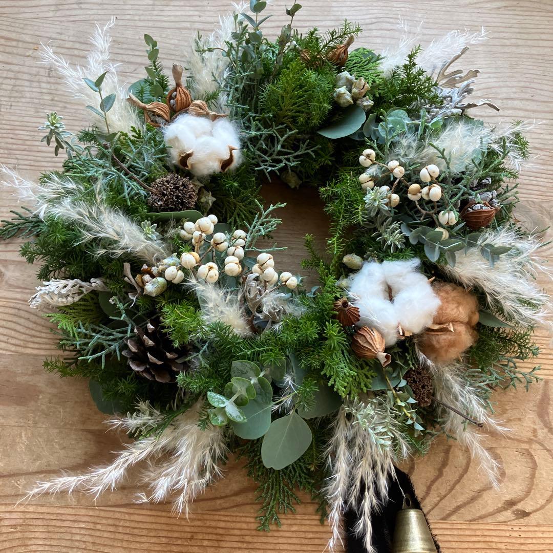 30㎝　雪降る森のクリスマスリース　コットン　フレッシュ針葉樹　ナンキンハゼ