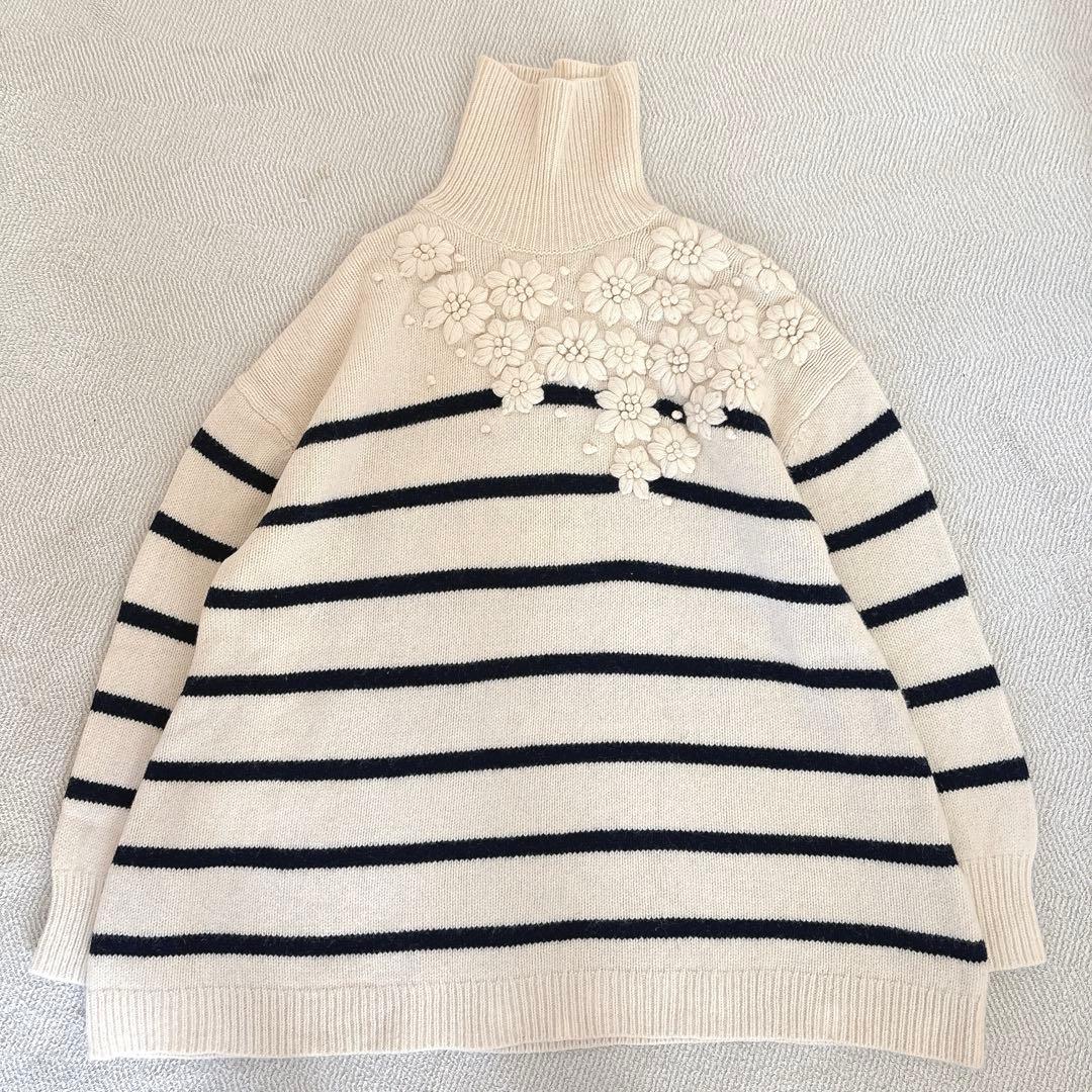 定価3.3万 希少 ビアズリー ボーダー花ニット ホワイト オーバーサイズ 刺繍