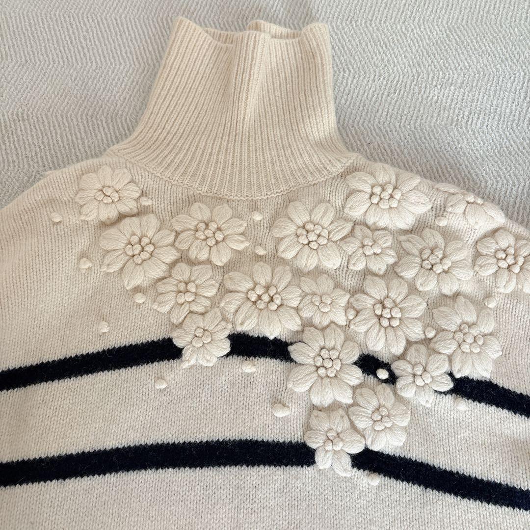 定価3.3万 希少 ビアズリー ボーダー花ニット ホワイト オーバーサイズ 刺繍