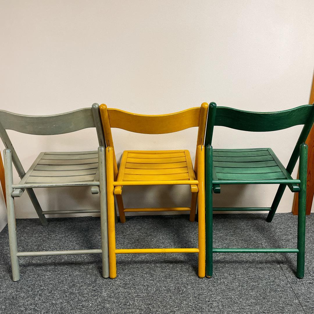 木製 折りたたみチェア 3脚セット カントリー調（グレー・イエロー・グリーン）