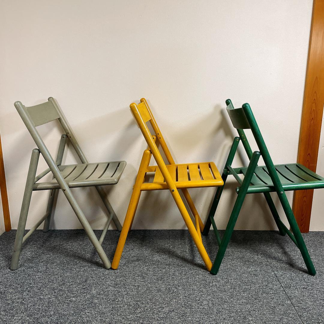 木製 折りたたみチェア 3脚セット カントリー調（グレー・イエロー・グリーン）