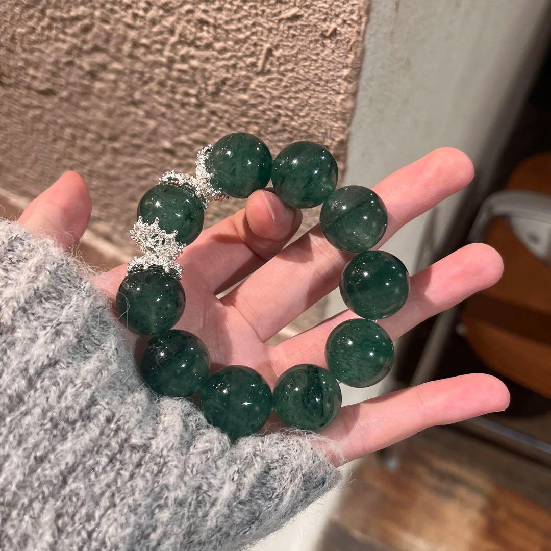 シナモン天然石 グリーンクォーツ ブレスレット 大粒14mm 透き通る輝き