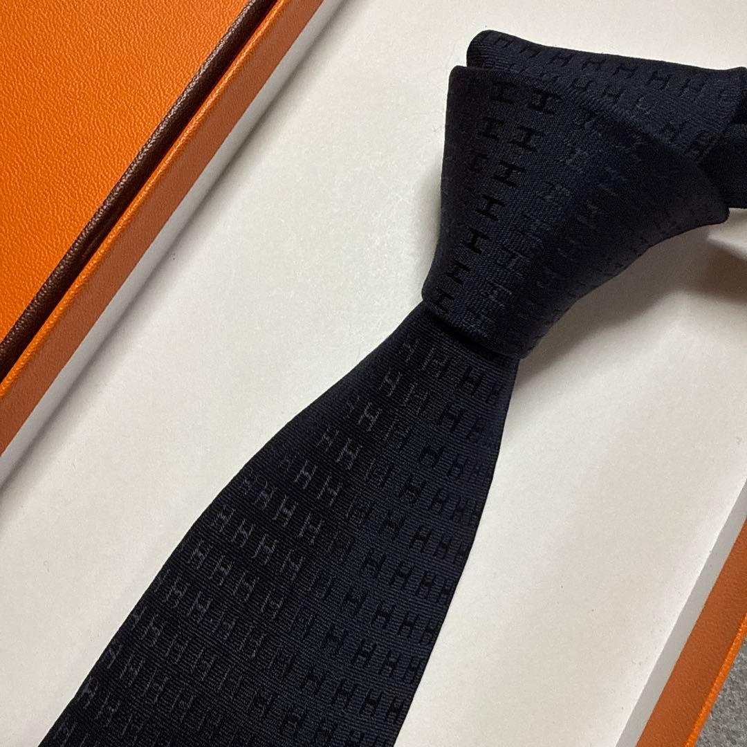 エルメス　ネクタイ　濃紺　H柄H織ファソネ