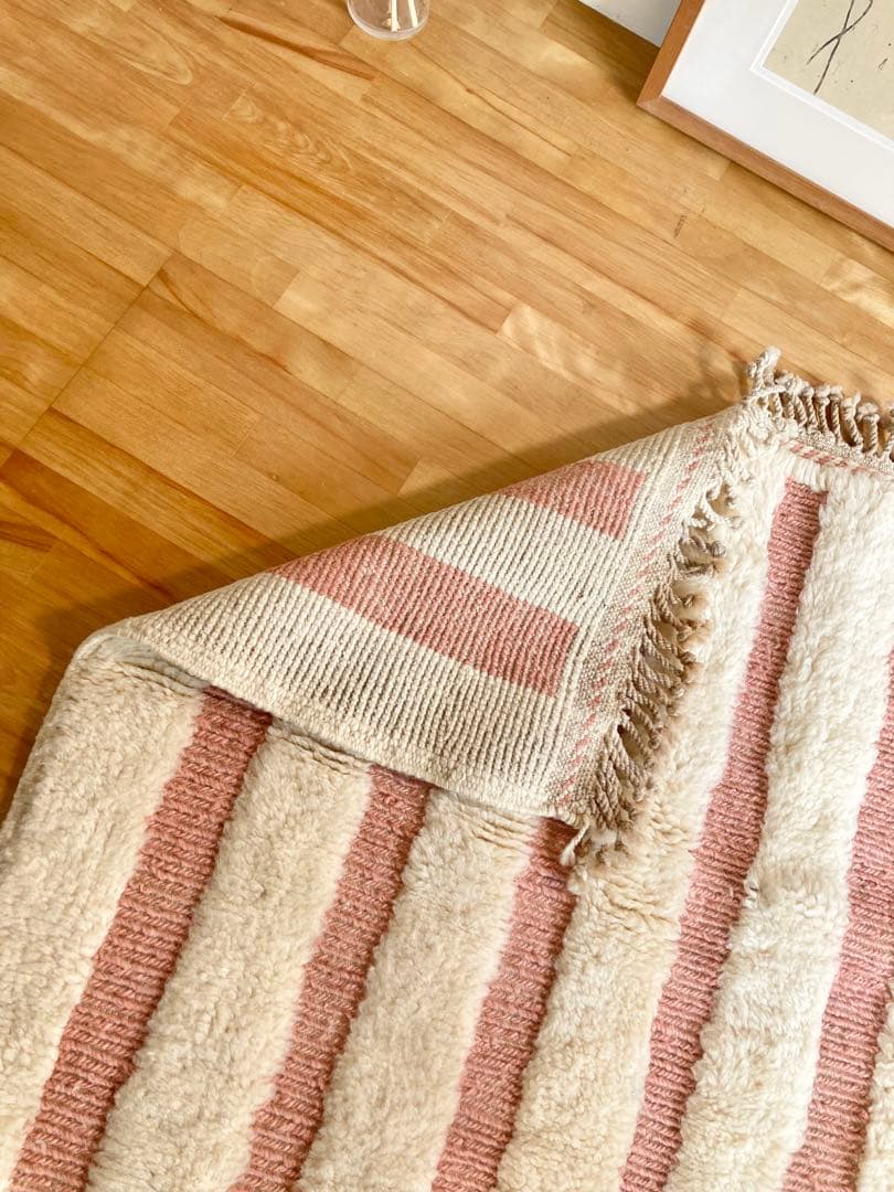 新品モロッコラグ ピンク絨毯 ストライプ柄　一点物ハンドメイド