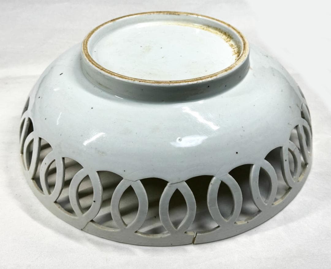 江戸時代 古伊万里 花卉虎紋様透かし彫り大鉢 青花 菓子器 伝世品WWTT186