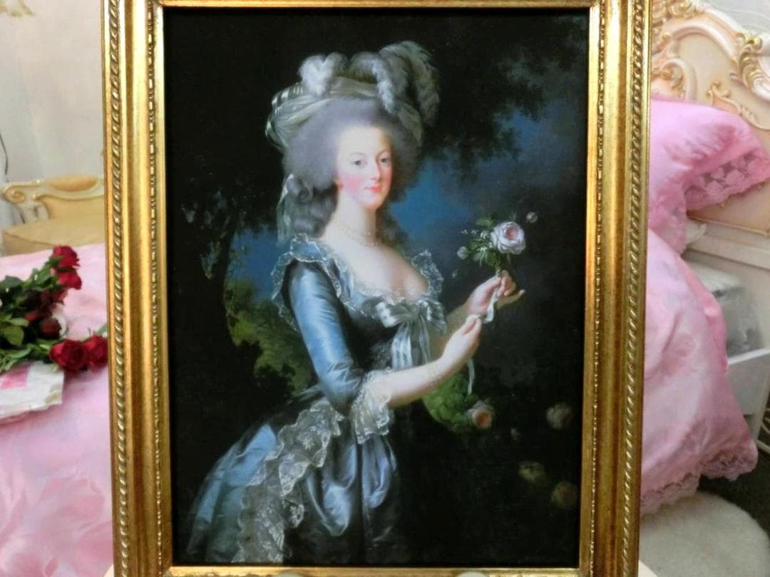 ロココ調　アンティークゴールドフレーム　マリーアントワネット　額絵　ブルードレス
