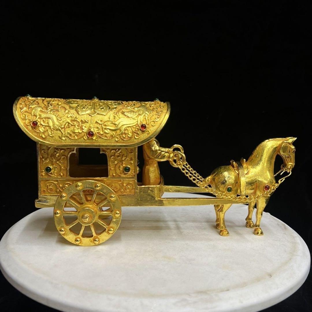 中国美術品　極細工　塗金宝石嵌黄金馬車　骨董　珍蔵品