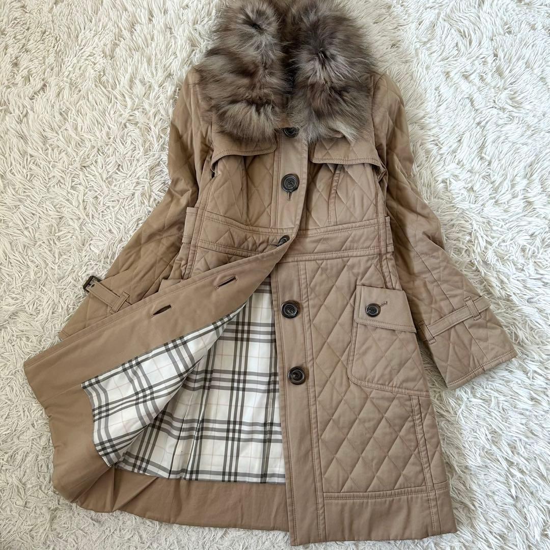 バーバリーブルーレーベル キルティング ファー付き ロングコート ノバチェック
