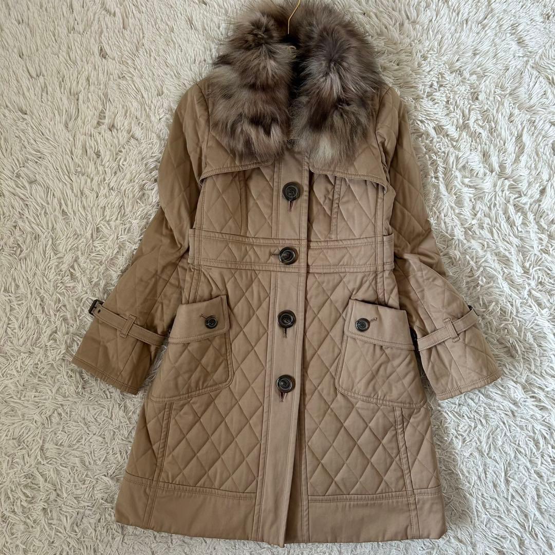 バーバリーブルーレーベル キルティング ファー付き ロングコート ノバチェック