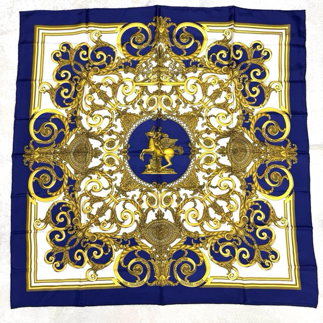 エルメス　カレ90 チュイルリー公園　ブルー　ゴールド