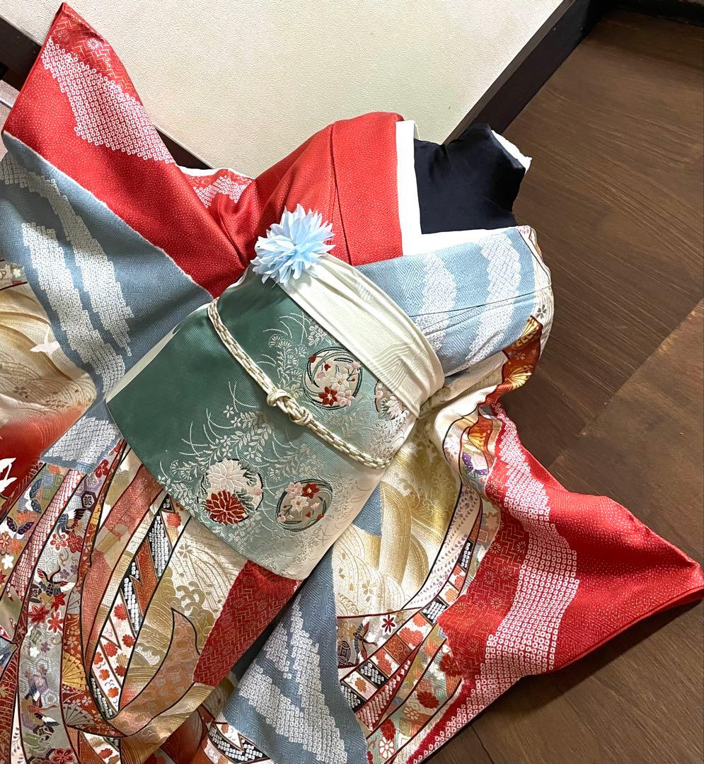 振袖 フルセット6点サイズM〜Ｌ絞り　熨斗吉祥花鳥蝶文　金銀彩　正絹
