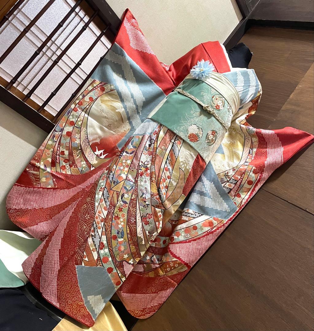 振袖 フルセット6点サイズM〜Ｌ絞り　熨斗吉祥花鳥蝶文　金銀彩　正絹