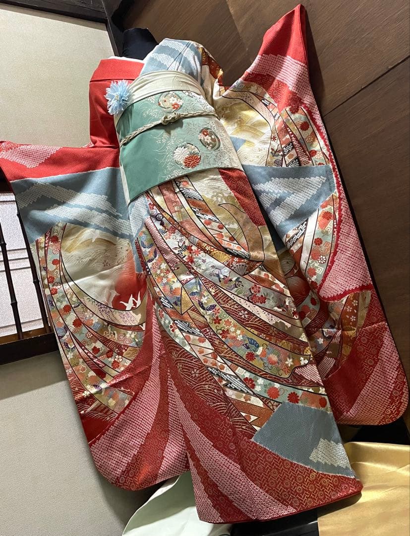 振袖 フルセット6点サイズM〜Ｌ絞り　熨斗吉祥花鳥蝶文　金銀彩　正絹