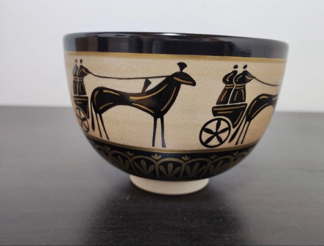 清閑寺窯 杉田祥平造 茶道具 抹茶碗 色絵ギリシャ黒像式馬車画 茶碗