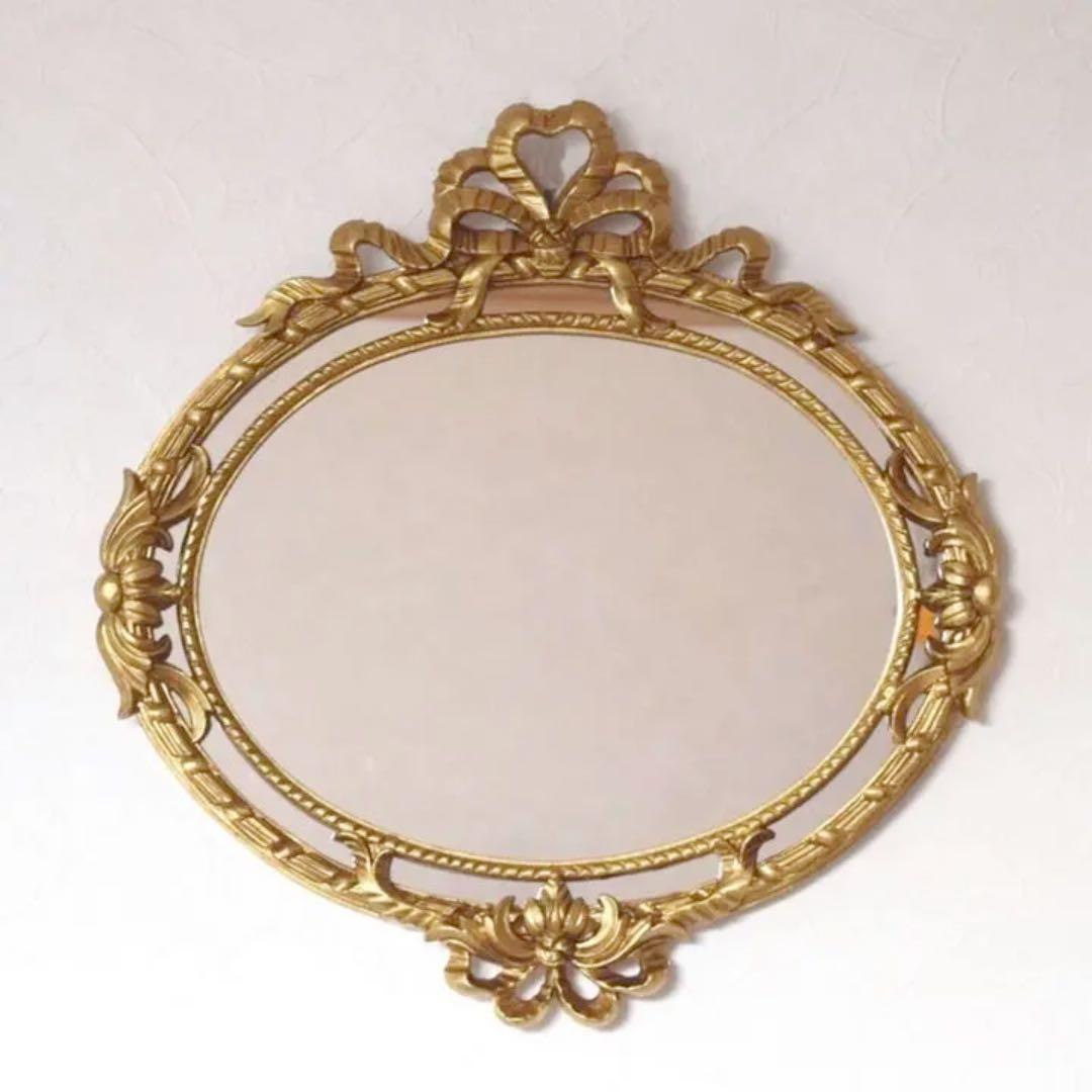イタリア製 ロココ調 ヨーロピアン オーバルミラー ゴールド アンティーク調 横