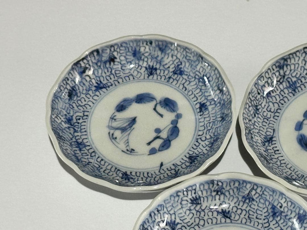 江戸期 古伊万里 染付 微塵唐草文様 輪花豆皿 小皿 3枚