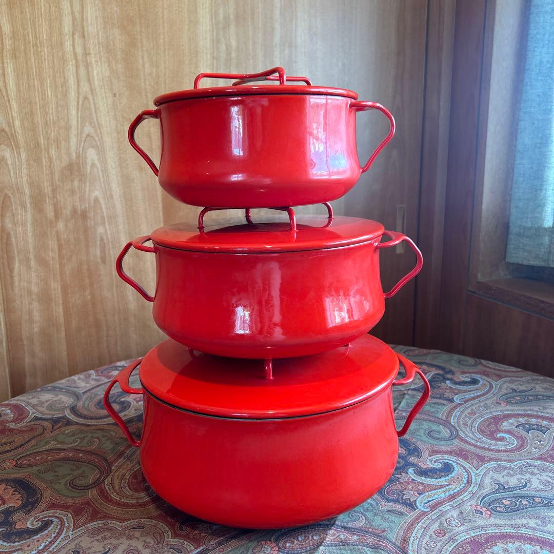 162◆DANKS 大型25cm 両手鍋　赤いホーロー　蓋付