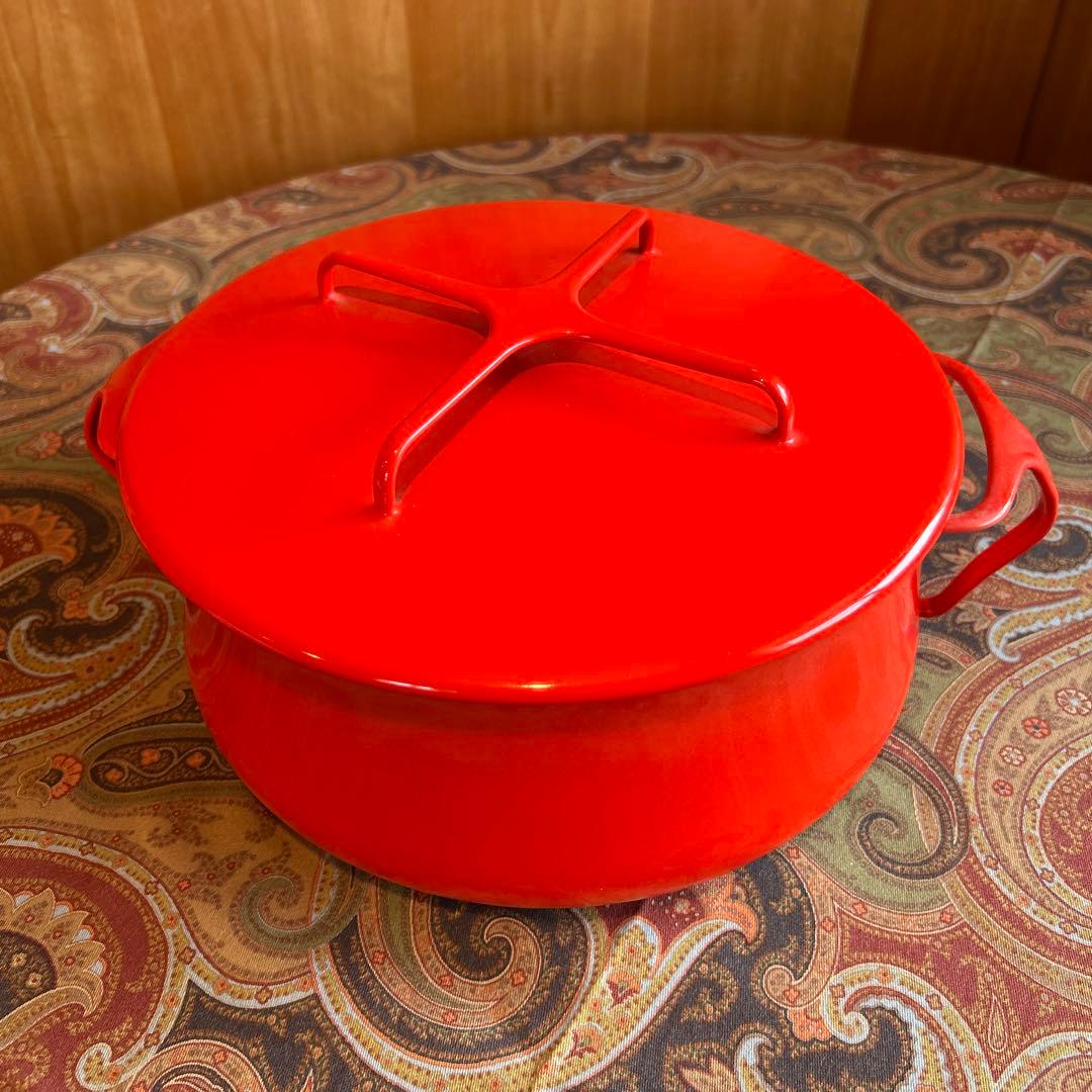 162◆DANKS 大型25cm 両手鍋　赤いホーロー　蓋付