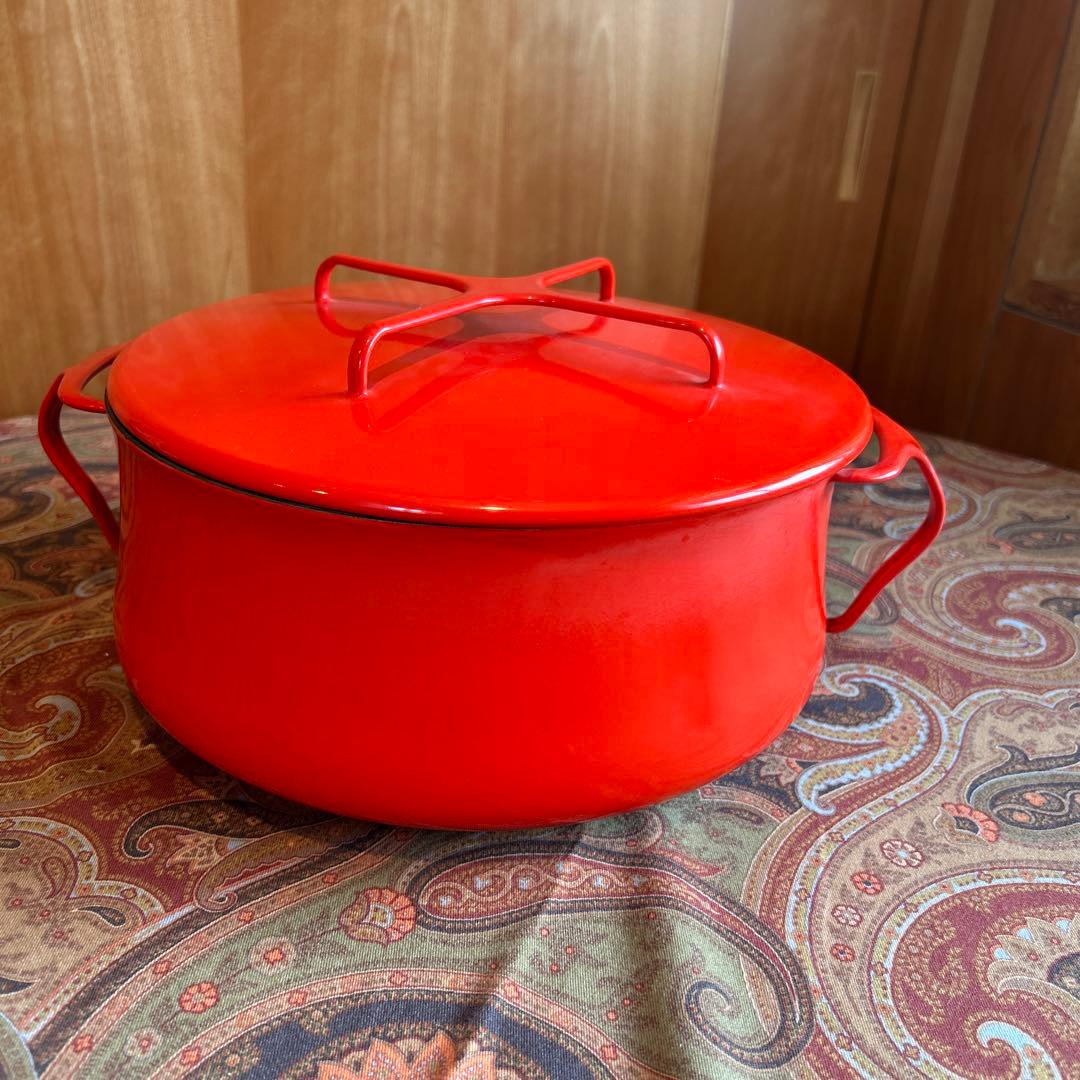162◆DANKS 大型25cm 両手鍋　赤いホーロー　蓋付