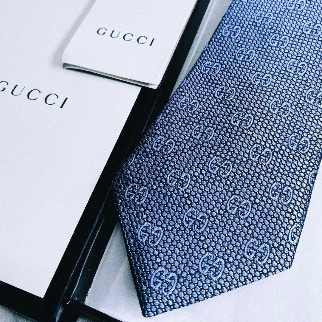 ✨未使用タグ付✨GUCCI 現行タグ　近年モデルのGG柄 蜂刺繍　ブルーネクタイ