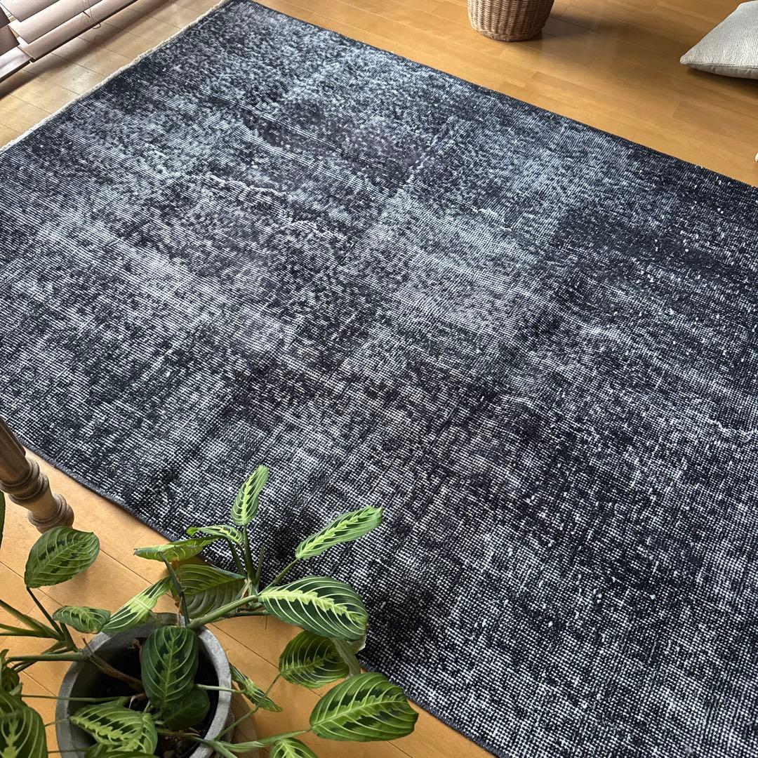 110×203 ブラックグレイオーバーダイ　ワンカラー　トルコヴィンテージラグ